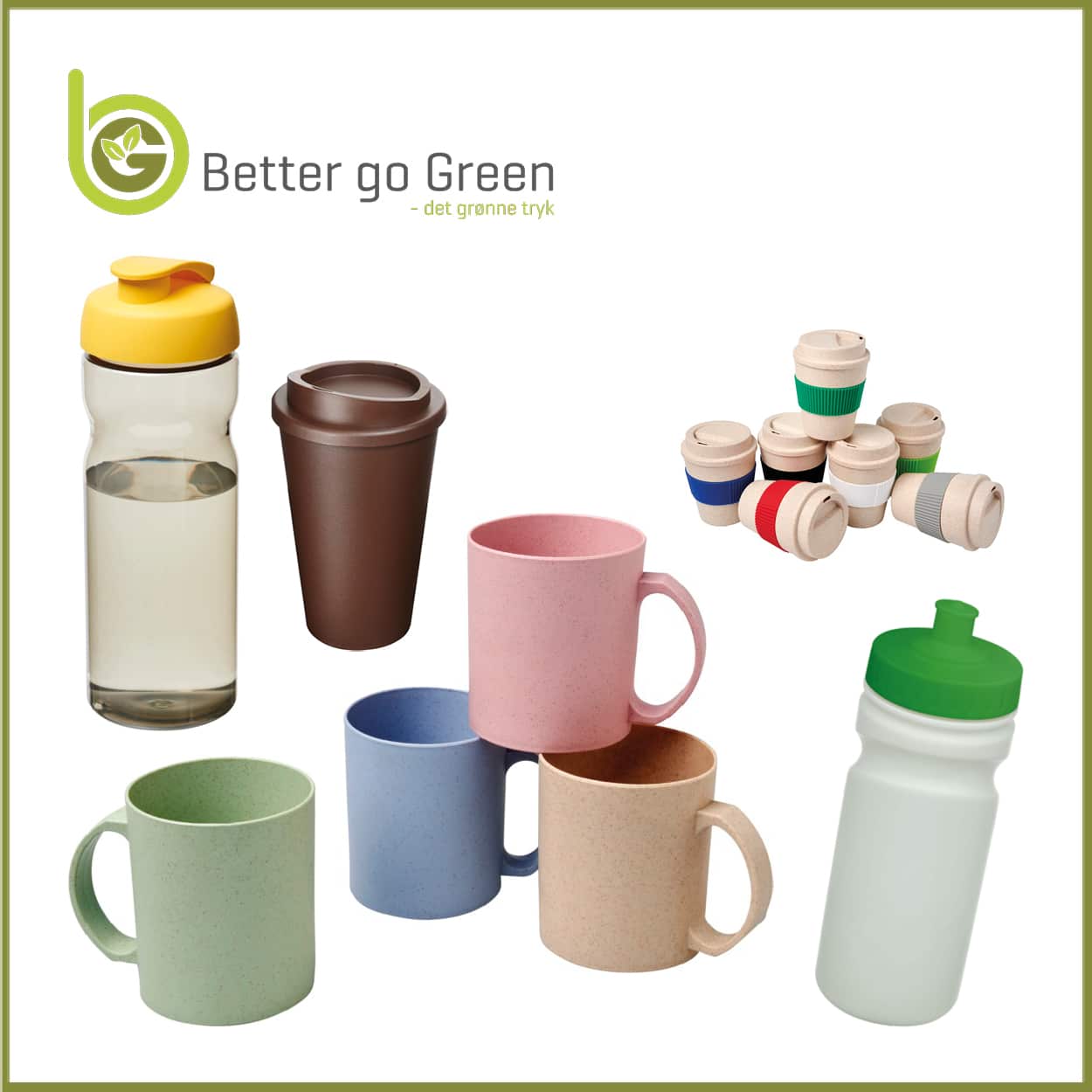Bæredygtige kopper, krus og flasker med tryk. BetterGoGreen.dk