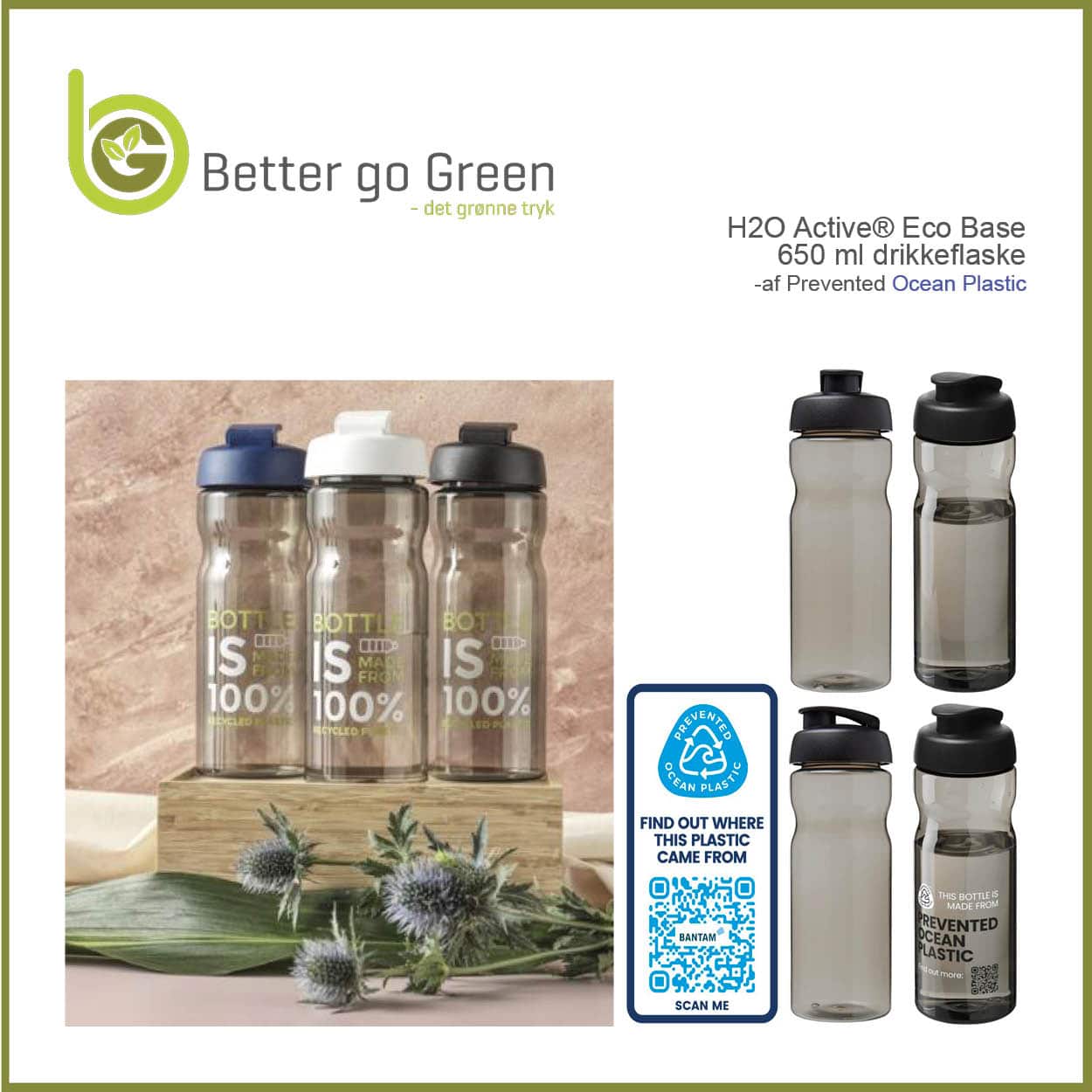 Drikkeflasker af genanvendt OCEAN plastik. BetterGoGreen.dk