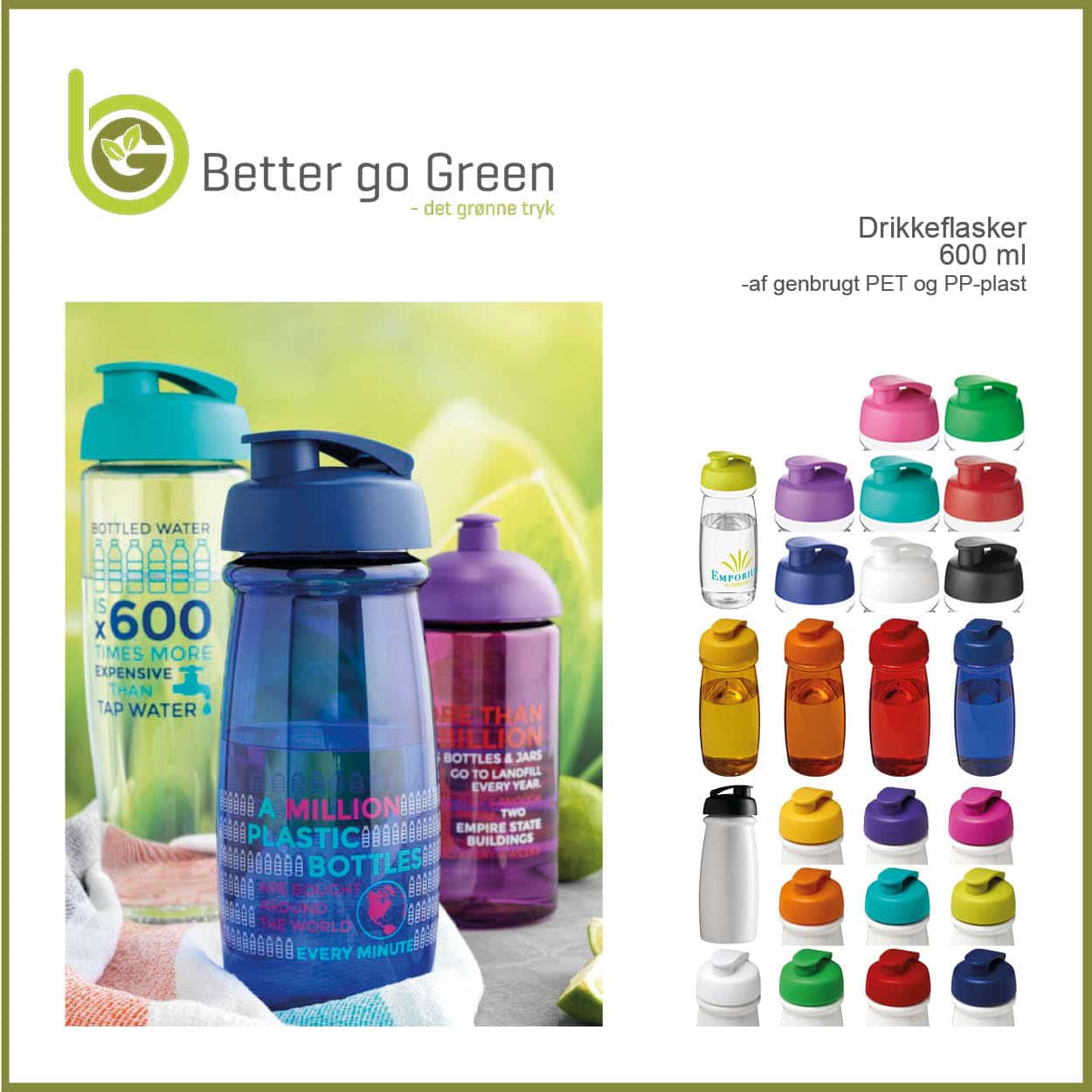 Drikkeflasker af genbrugt PET og PP-plast. BetterGoGreen.dk