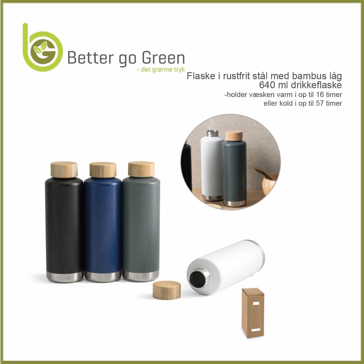 Termoflaske i miljøvenligt materiale med logo tryk. BetterGoGreen.dk