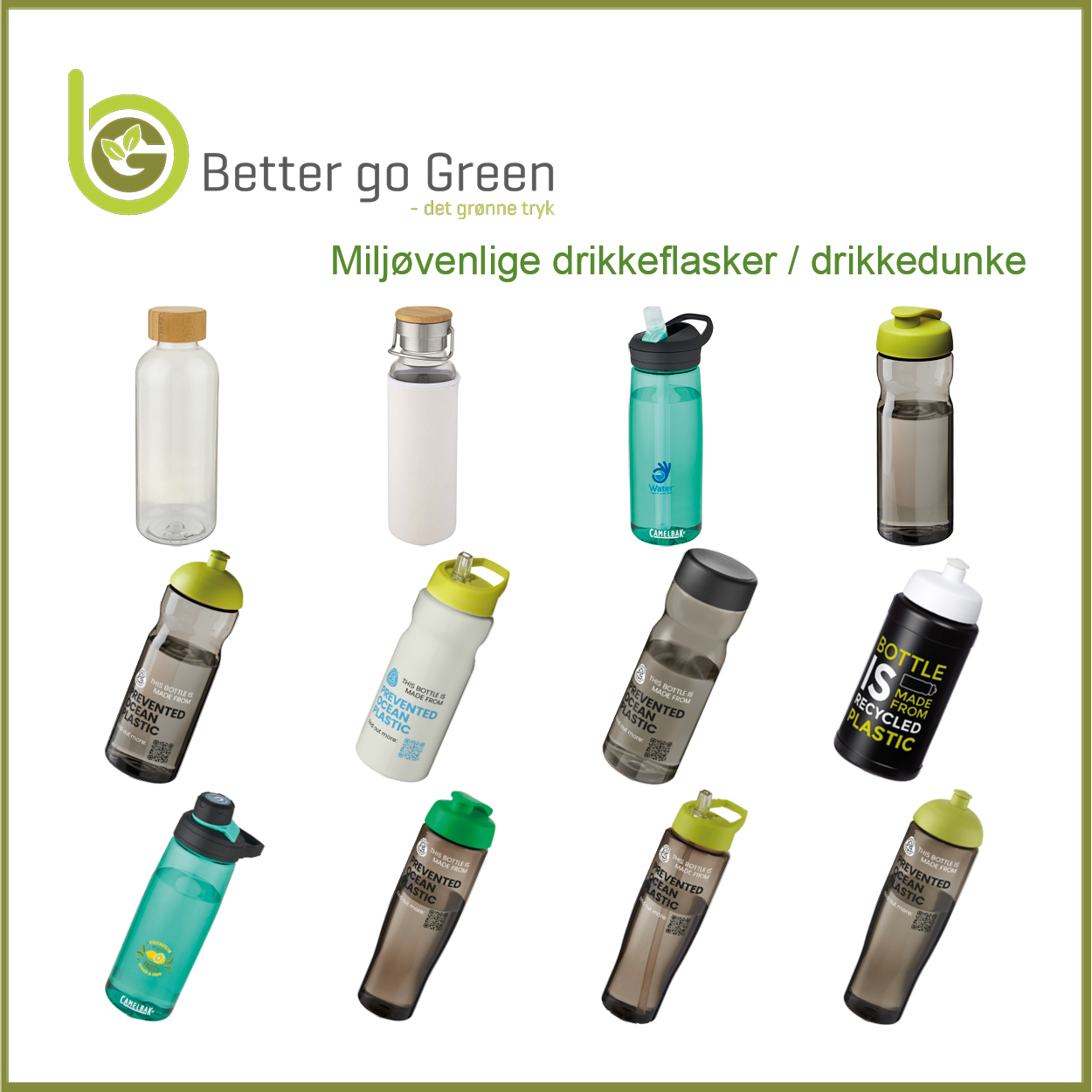 Miljøvenlige drikkedunke med logotryk. BetterGoGreen.dk