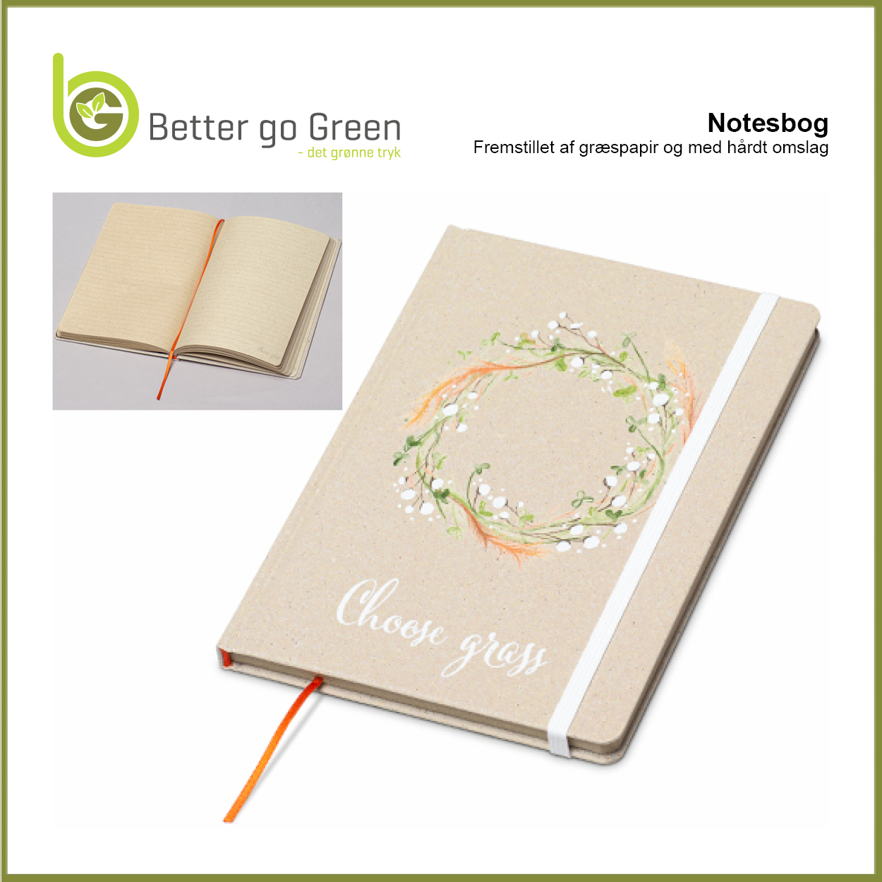 Notesbog af græspapir og med hårdt omslag får du hos BetterGoGreen